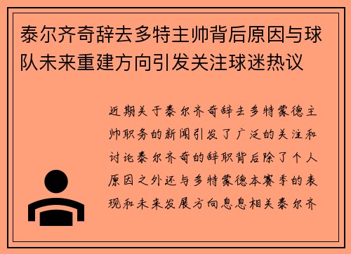 泰尔齐奇辞去多特主帅背后原因与球队未来重建方向引发关注球迷热议 泰尔齐奇辞去多特主帅背后原因与球队未来重建方向引发关注球迷热议